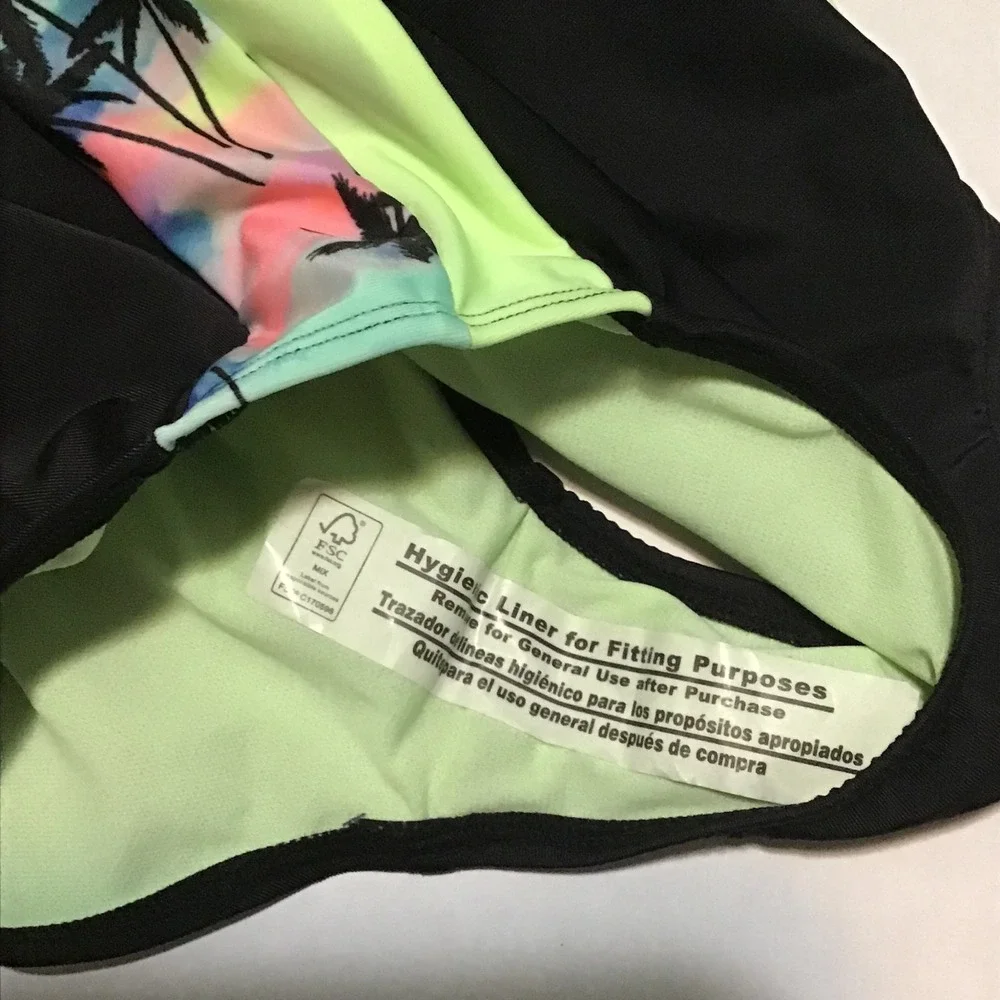 Justice Girls Black Neon Green Palm Tree High Neck One Piece Swimsuit Size 10 M